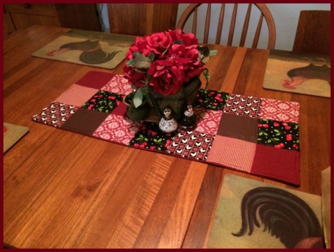 Spent a snowy afternoon making a new table runner for my kitchen with my favorites, cherries and chickens!  Find the instructions to make one here: http://www.farmgirlbloggers.com/1229#more-1229