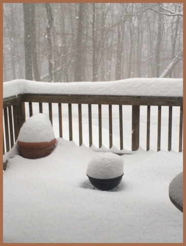 Out on the deck, the snow piles up...