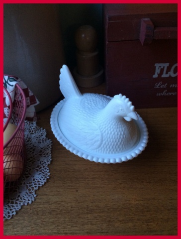 All cleaned up, I love my milk glass hen...reminds me of my girls...