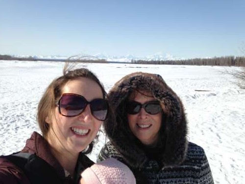 My mom visited!  and we took a sunny, snowy springtime hike in Talkeetna.  Denali is visible in the background.