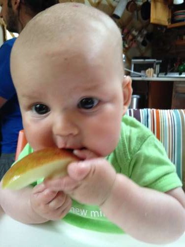 Ava teething on an apple slice!  She's loved apples ever since she could kick my ribs.