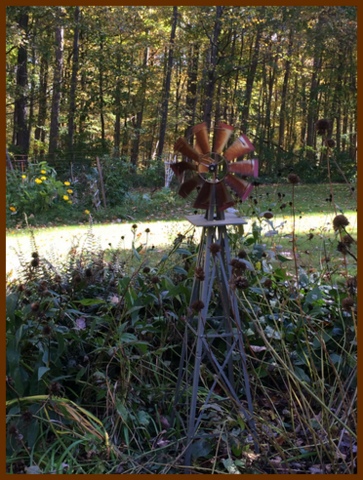 The windmill catches an October breeze, while seed pods provide energy for birds ready to fly south.