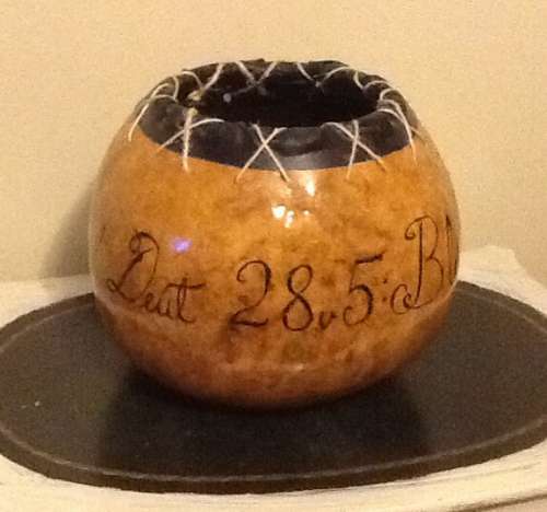 Vivian Moore sent me this photo of her homegrown gourd with the inscription Duet. 28 v 5,...Blessed shall you be in your basket and in your kneading bowl. 