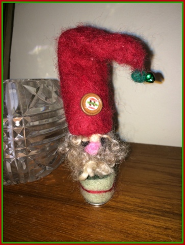 My needle-felted gnome from class. Crafting relieves holiday stress.