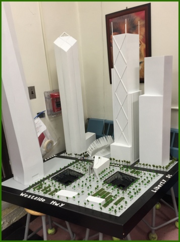 This to-scale model the freedom towers was made and donated by a past student.