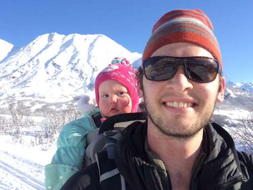 Evan, the stand up guy, finding snow with Ava at ~3000 feet.