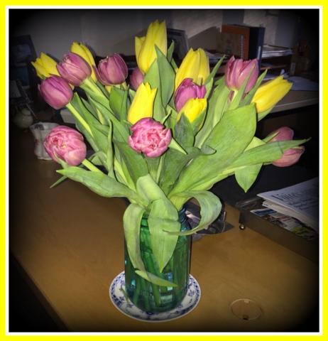 Someone very special sent this bouquet to me. I'm enjoying them on my desk while I write. It's spring indoors!