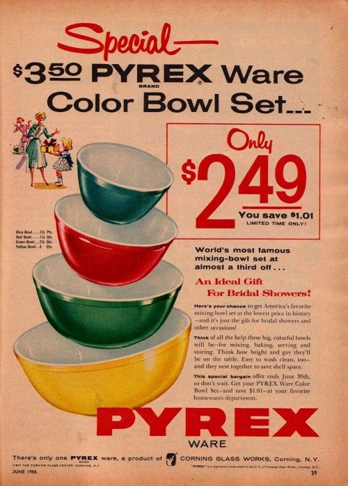 Pyrex, Primary Mixing Bowls (4 Bowls Only with Numbers)