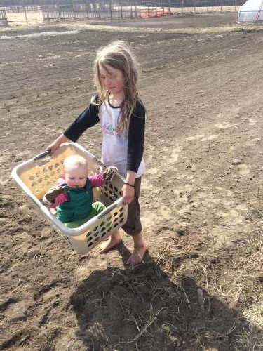 Now, that's a cute weed.  Ava with her BFF (Best Farming Friend), Leila.