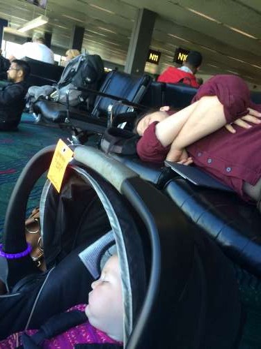 We haven't gotten to the point where the airport is referred to as "home."  However, we feel comfortable enough to nap during long layovers.