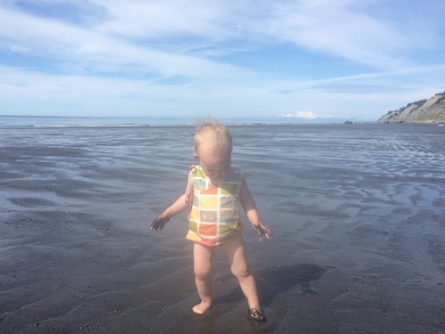 A side trip to the beach while camping was great fun.  See the volcano in the background?