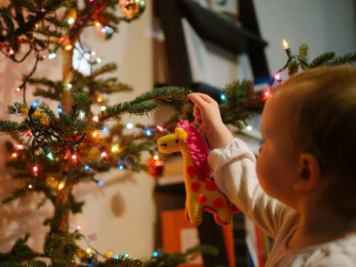 Ava hangs her first ornament on our Charlie Brown Christmas Tree.