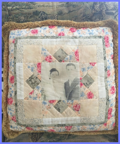 Stefanie creates heirloom keepsakes. Pillows are a great way to display old photos.