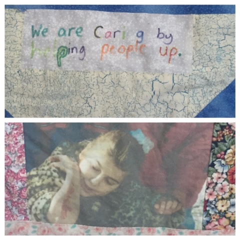 The children acted out the character trait and then took photos of the action for the quilt. This is Stefanie's daughter when she was little.