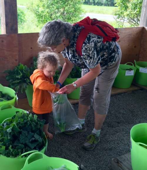 Big Helper Ava puts broccoli in a customers produce bag.