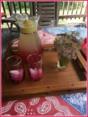 My homemade lemonade recipe: add to a pitcher one cup of fresh squeezed lemon juice, fill to the top with water, 3/4 cup organic sugar, float lemon slices and serve. 