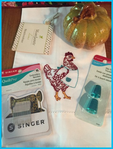 Leave a comment to win a goodie box with a vintage-style sewing machine magnet and hand needles, a glazed ceramic fall pumpkin, two teal thimbles, and a tea fowl, er, towel featuring Henrietta, the MaryJanesFarm Sisterhood Logo!