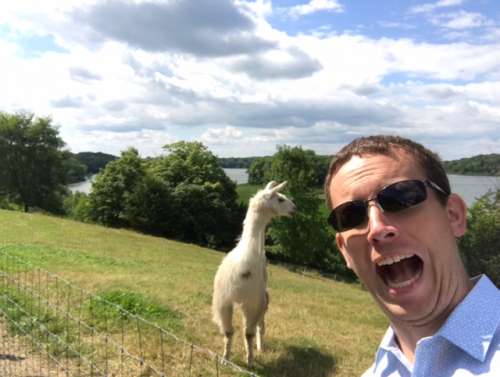 Evan's childhood friend being his goofy self with the llama.