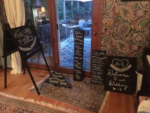 Decorations filled up my mom's dining room.  My cousin made these signs!