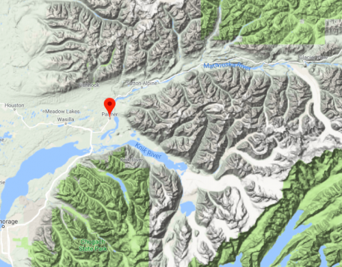 The Matanuska and Knik glaciers are at the eastern ends of their respective rivers. "The Valley" is where they meet--Palmer, Wasilla, etc.  The Cook Inlet (inlet off the Pacific) is on the left side of the left side of the picture.