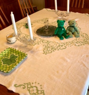 My grandmother made this linen tablecloth for my parents in the late 50s. It’s the only thing I have from her. It doesn’t fit my table, so I drape it sideways. 