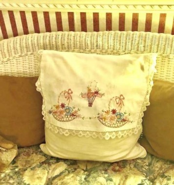 Too pretty to put away! When it’s not Easter, I repurpose it by draping over a plain pillow. I’ve seen table linens at the foot of a bed, draped over a bench, or used on coffee tables. Think outside the box!