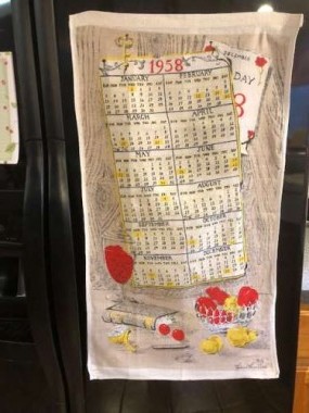 Linen calendar towels are fun! This one matches the theme of my kitchen. My fridge works perfectly, and I dread replacing it. After almost 20 years, the front is scratched. This fun towel brings whimsy and matches my kitchen, hiding the ugly front of the refrigerator. 