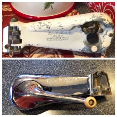 White on one side, shiny 50’s chrome on the other! It was marketed as the “World’s Most Sanitary Can Opener” at the time of production. We still have to figure out how to attach it to a wall to use.