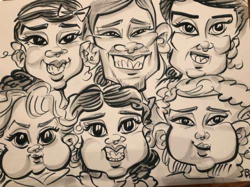 Caricature of our family and one cousin from the wedding.  Can you tell who is who? 