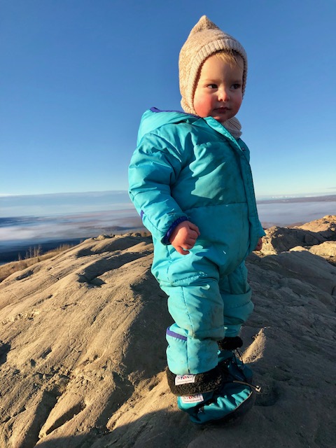 Fern all bundled up with no snow to play in.  But the views were excellent!