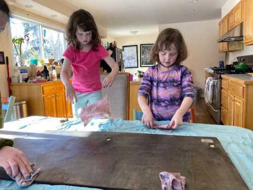 desk surface for the homeschool area--mid furniture wax, post stain.