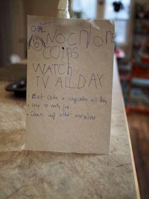 Opal's birthday requests, indicative of birthdays in the time of Covid: "No Chores, Watch TV All Day." I added one of the activities...bet you can't guess which one!