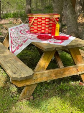Love the bright, cherry red color of the wood and inside, as well as the reusable picnic ware!