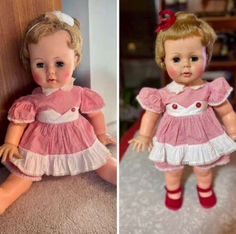 “Kissy” doll, before and after. Made by Ideal, she ‘kisses’ when her arms are brought together. A tag sale find, she was dusty, dirty, her dress a mess. The shoes in the “after” photo were my daughter’s from her first Christmas.