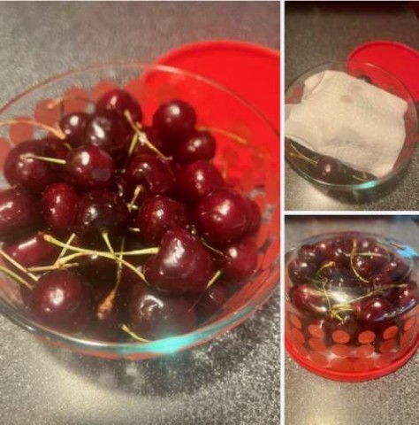 To keep fruit such as berries and cherries longer and ready to eat, I place washed, dried  berries and cherries in a glass container with an airtight lid. Place a paper towel on top before closing the lid, then store upside down in the fridge. Replace the paper towel as needed. Placing a paper towel in with lettuce or salad helps it to stay fresh longer, too. 