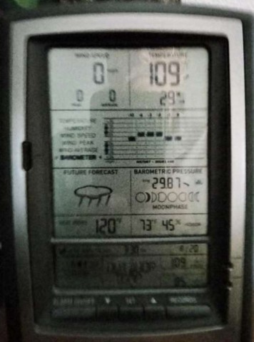 The “weather station” on my brother’s patio reads crazy uncomfortable temps in Texas. 