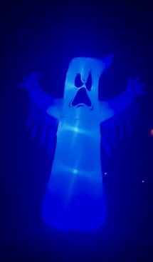An eight foot ghost warns you to trick or treat if you dare…